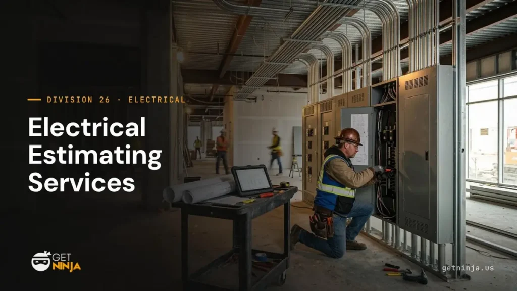 Electrician in a hard hat working on a new commercial switchboard, with the title Electrical Estimating Services and the Get Ninja logo